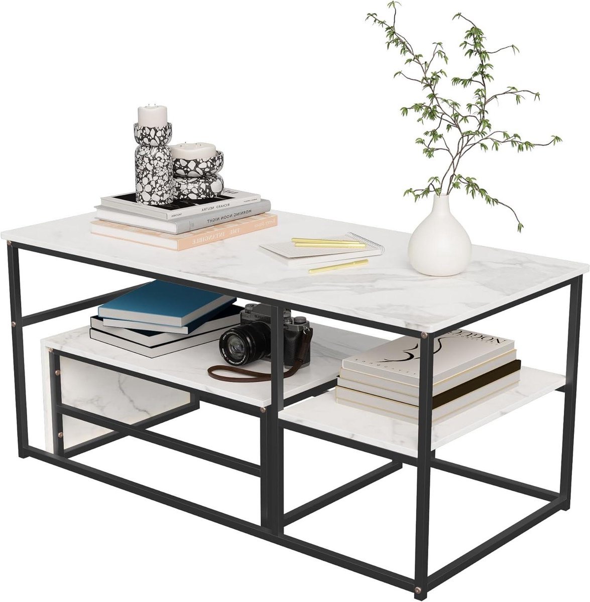 Set Salontafels - Woonkamertafels Bijzettafels - Woonkamer Inrichten - Moderne Marmerlook Design - 105x52x48.5cm - Zwart Wit
