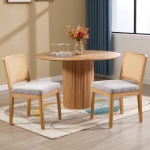 Set van 2 Stoffen Eetkamerstoelen met Rotan Rugleuning en Dik Kussen