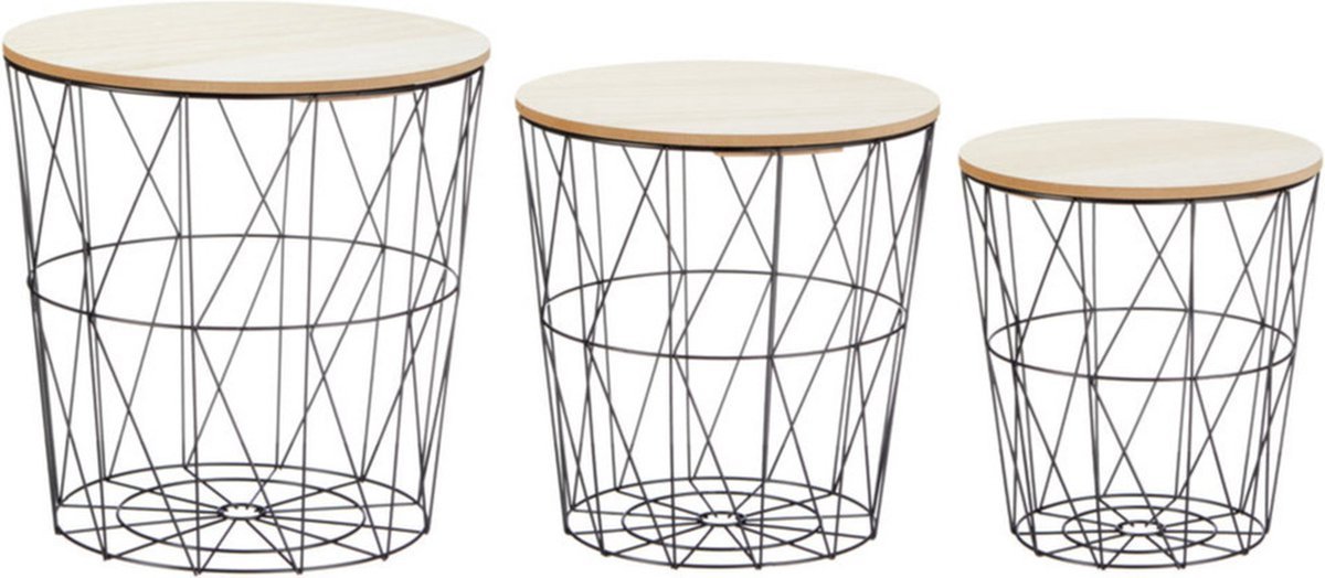Set van 3x stuks plantenstandaards draadmanden hout/metaal 30/35/40 cm - Ronde plantentafels