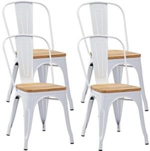 Set van 4 Metalen Bistrostoelen met Rugleuning - Stapelbare Keukenstoelen in Wit en Natuurlijk Hout
