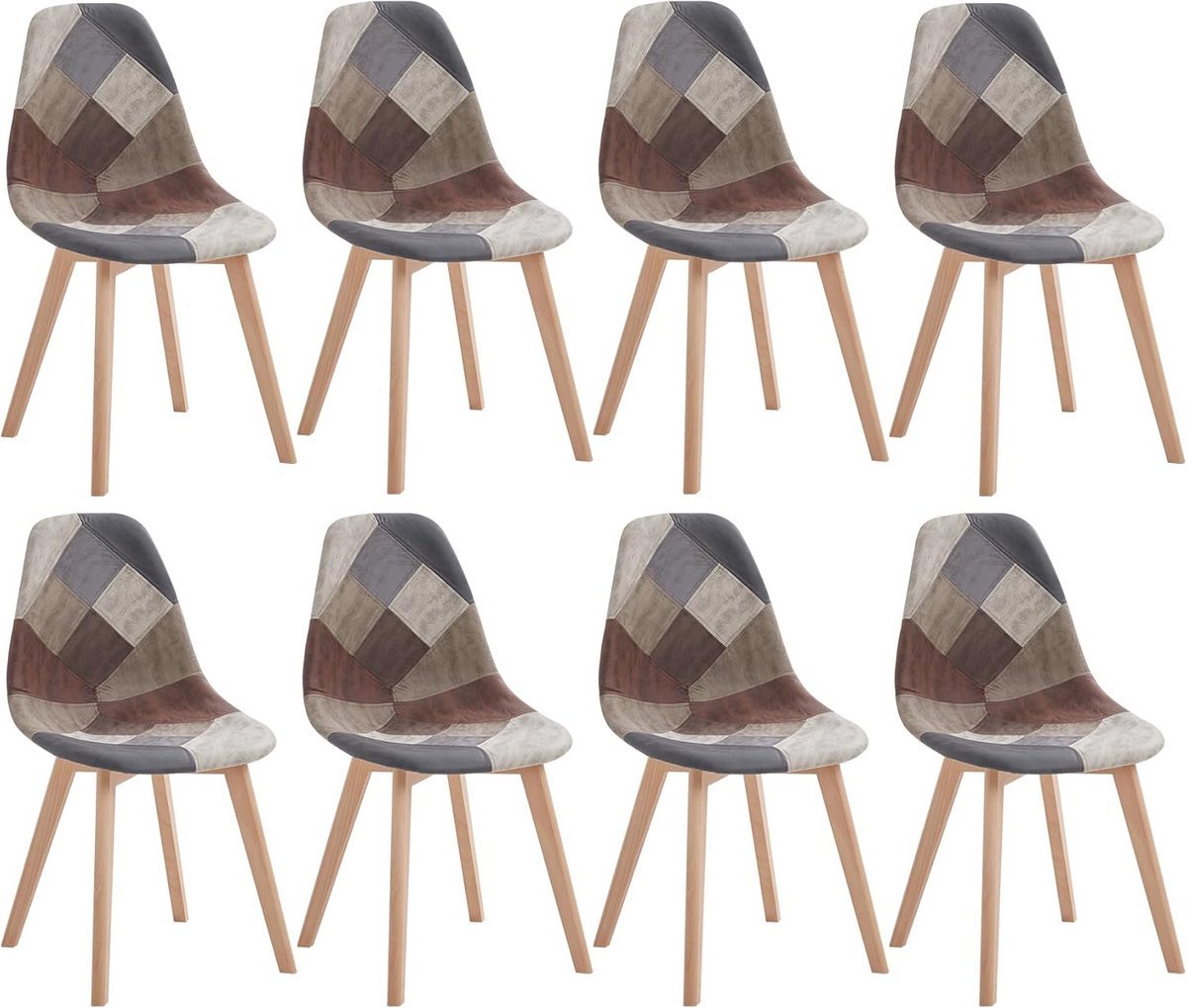 Set van 8 Gecapitonneerde Eetkamerstoelen | PU-leer en Beukenhouten Poten | Grijs