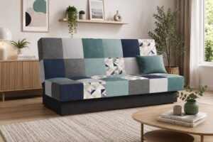 Slaapbank, sofa met slaapfunctie en opbergruimte, moderne bank, 3-zits, Slaapbank - Cyprus patchwork - Lichtblauw + Grijs - Bragi 80/86/28/82/13 + M101