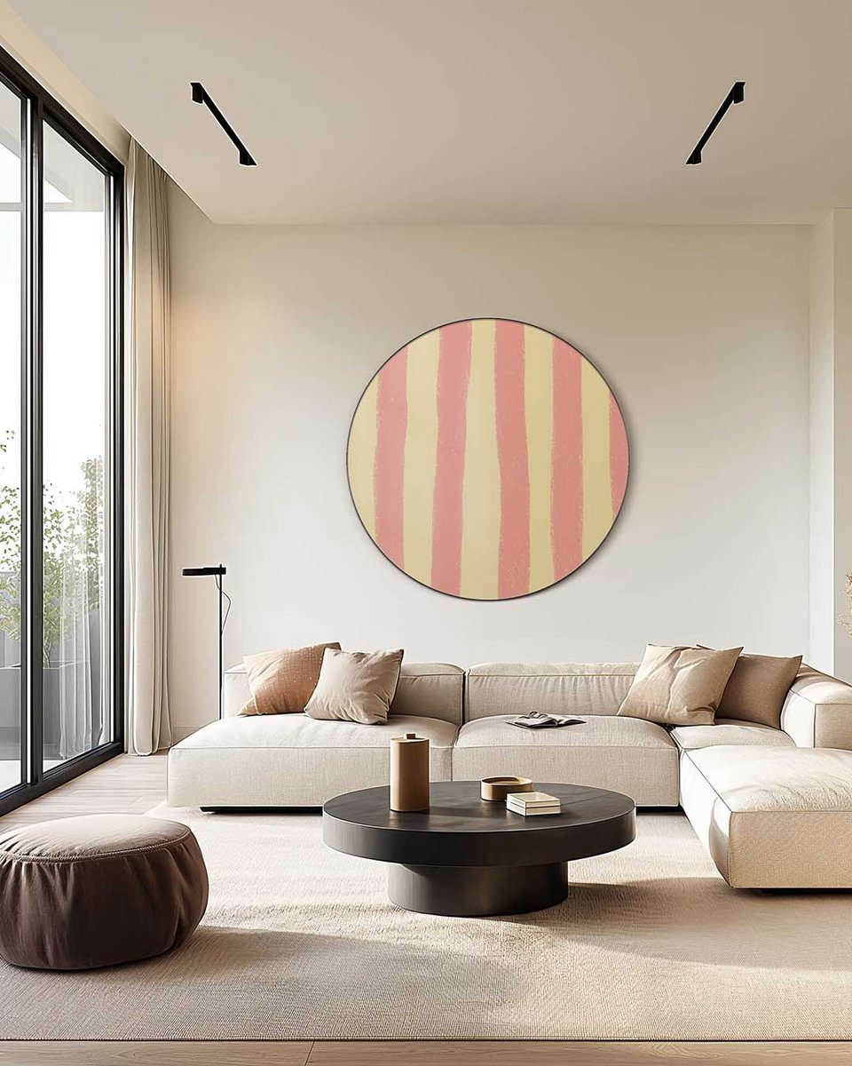 Stijlvolle Muurcirkel Met Zachte Strepen - Luxe Muurcirkel op Dibond - 100x100 cm - Sfeervolle Wanddecoratie voor Woonkamer & Slaapkamer