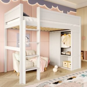 Sweiko Hoogslaper - 90 x 200 cm - Kledingkast - Opbergvakken - Zonder bank - Grenen + MDF - Wit