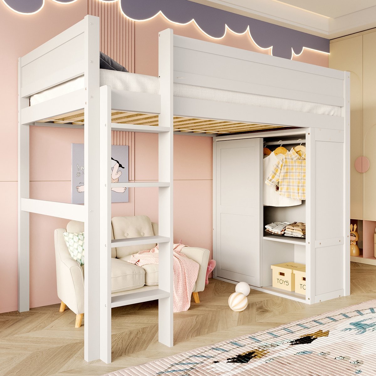 Sweiko Hoogslaper - 90 x 200 cm - Kledingkast - Opbergvakken - Zonder bank - Grenen + MDF - Wit