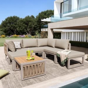 Sweiko Tuin Loungeset - 6-zitsbank - Met kussens - Tuinligstoel - Verstelbare rugleuning - Met salontafel - Beige