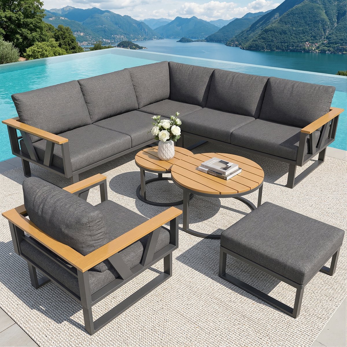 Sweiko Tuin loungeset - Modulair - Hoekbank - Metalen frame - 2 salontafels - Fauteuil - Grijs