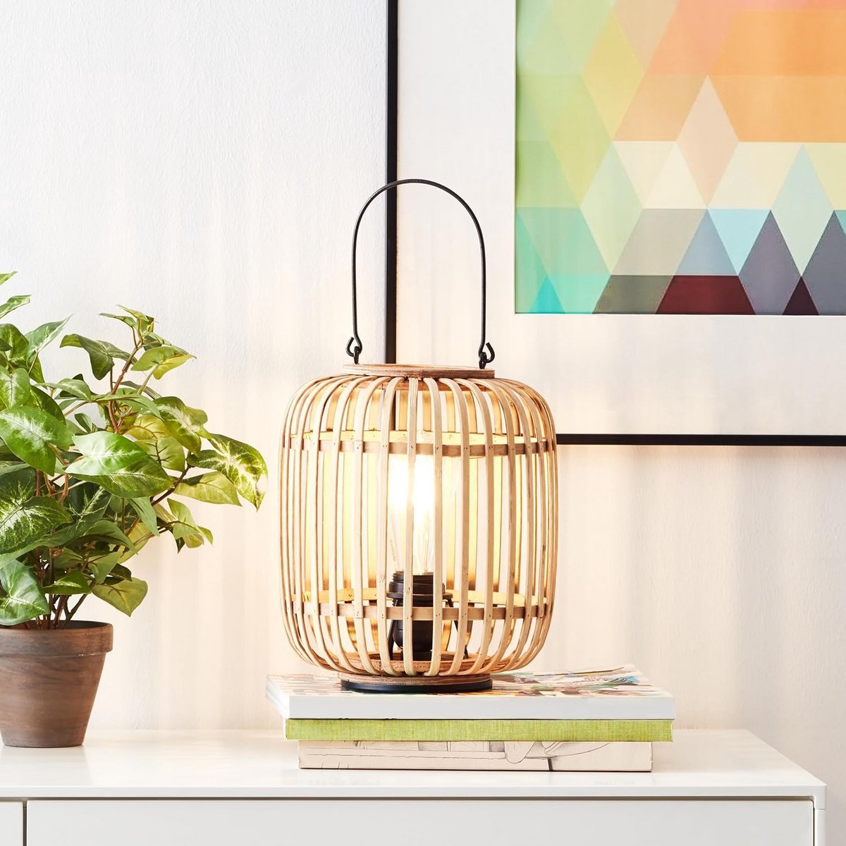 Tafellamp houtlook 27 cm - Decoratieve rotan lamp E27 met draagbeugel