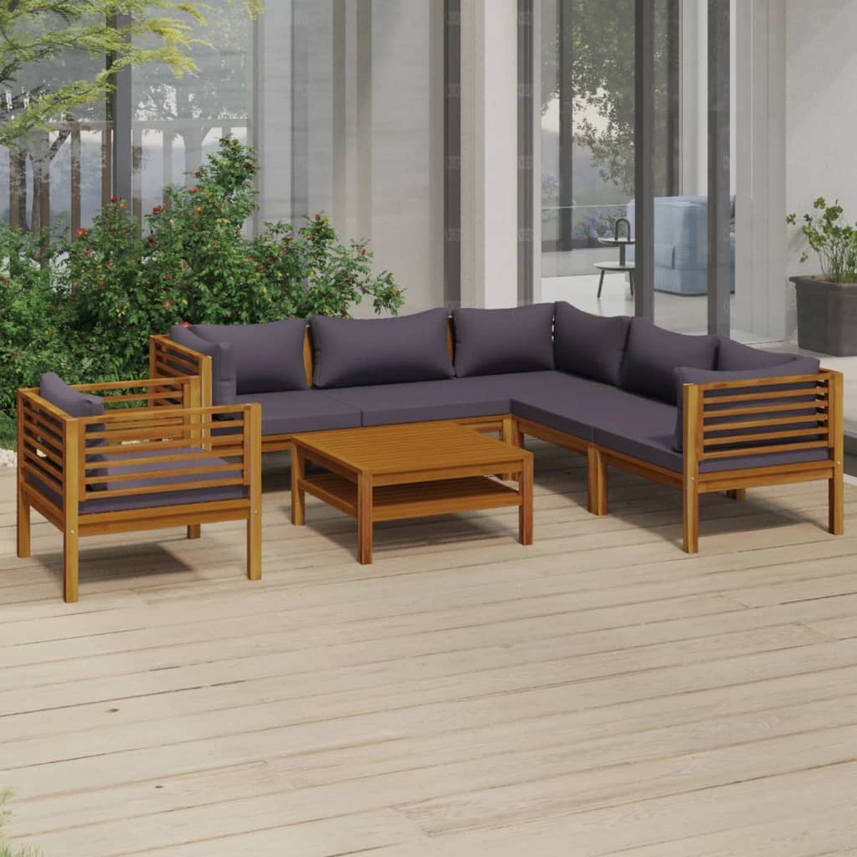 The Living Store Loungeset - Acaciahout - Modulair - Donkergrijs kussen - Afmetingen tafel- 65x65x35cm - Hoekbank- 69x69x62.5cm - Middenbank- 65x69x62.5cm - Fauteuil- 73x69x62.5cm - Montage vereist