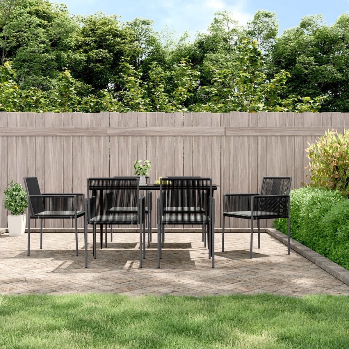The Living Store Tuinmeubelset - PE-rattan - Zwart - 140 x 70 x 74 cm - 6 stoelen - lichtgrijs kussen