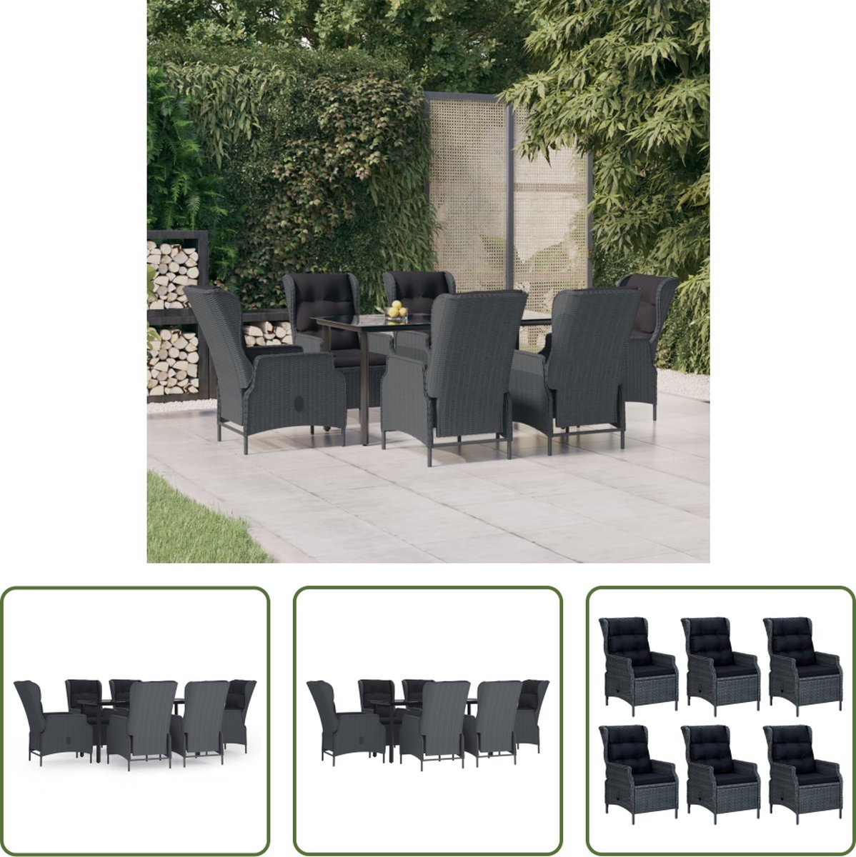 The Living Store Tuinset - PE-rattan - Eettafel 160x80x74 cm - 6 Stoelen - Zwart