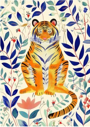 Tijger Bladeren Vogel Illustratie - Dibond Wandprint - 100x140 cm - Premium Aluminium Wanddecoratie - Botanisch Dieren Print