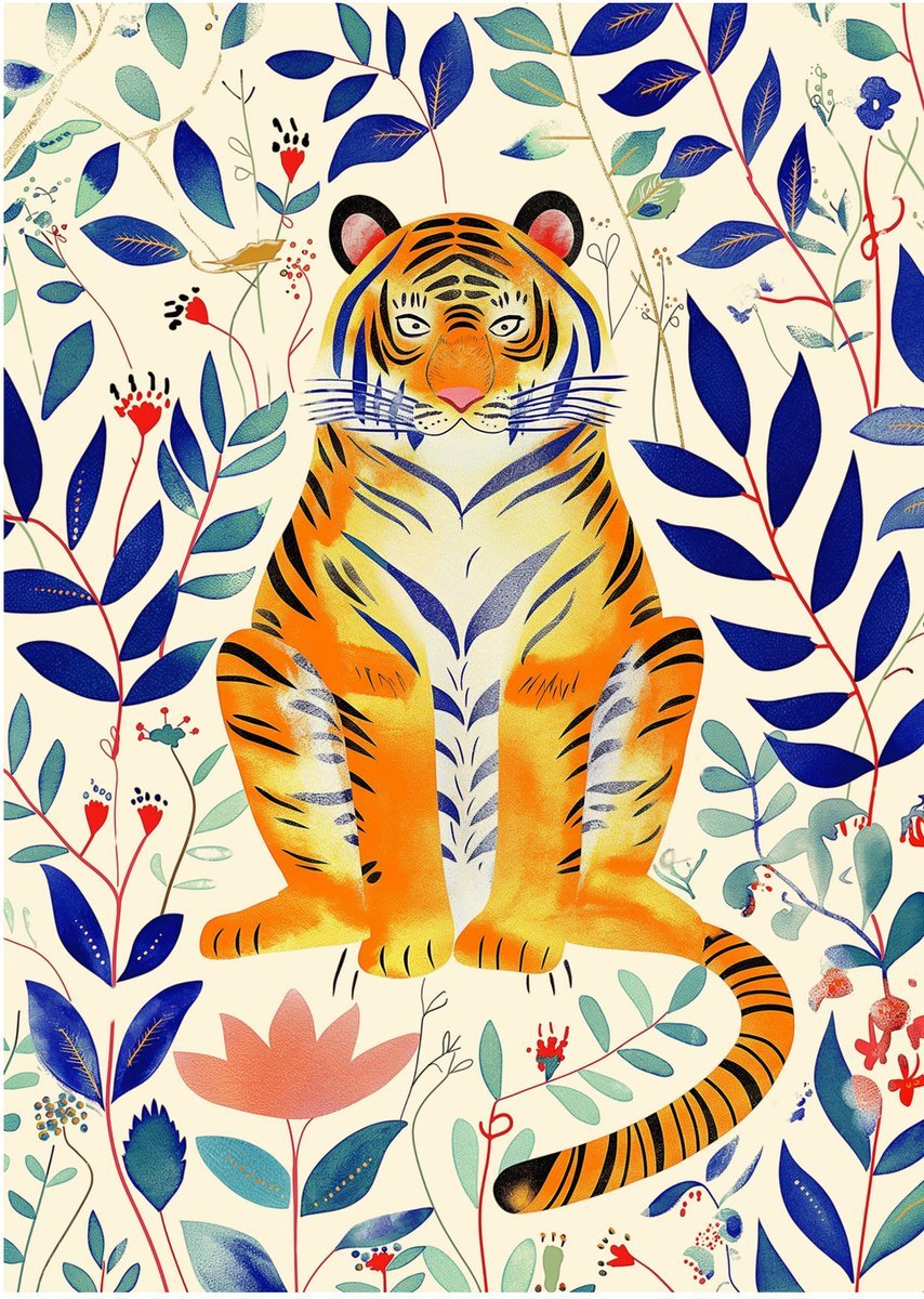 Tijger Bladeren Vogel Illustratie - Dibond Wandprint - 100x140 cm - Premium Aluminium Wanddecoratie - Botanisch Dieren Print