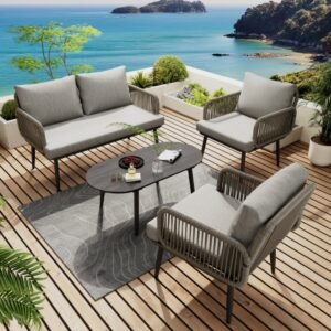 Tuin lounge stoel set, tuinmeubelset met comfortabele kussens, 2-zits bank, 2 fauteuils en salontafel, handgevlochten touw, glazen blad in houtnerf stijl, gegalvaniseerd staal, grijs