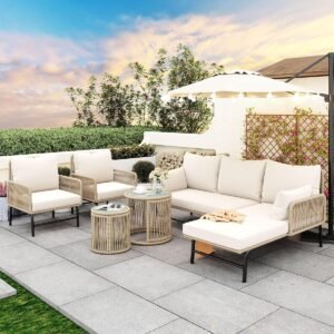 Tuin loungeset 6-zits met 2 tafels en 2 fauteuils - 260 x 180 x 75 cm - Modulaire terrasmeubels met dikke kussens, verstelbare poten en glazen tafelblad - Weerbestendig beige - Laura