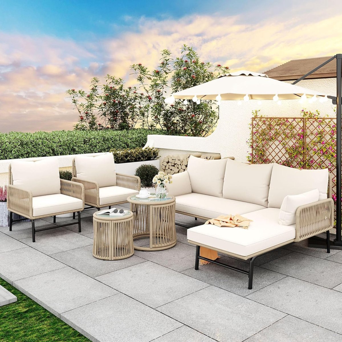 Tuin loungeset 6-zits met 2 tafels en 2 fauteuils - 260 x 180 x 75 cm - Modulaire terrasmeubels met dikke kussens, verstelbare poten en glazen tafelblad - Weerbestendig beige - Laura
