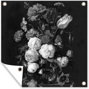 Tuin poster Stilleven met bloemen in een glazen vaas - Schilderij van Jan Davidsz. de Heem - zwart wit - 200x200 cm - Tuindoek - Buitenposter