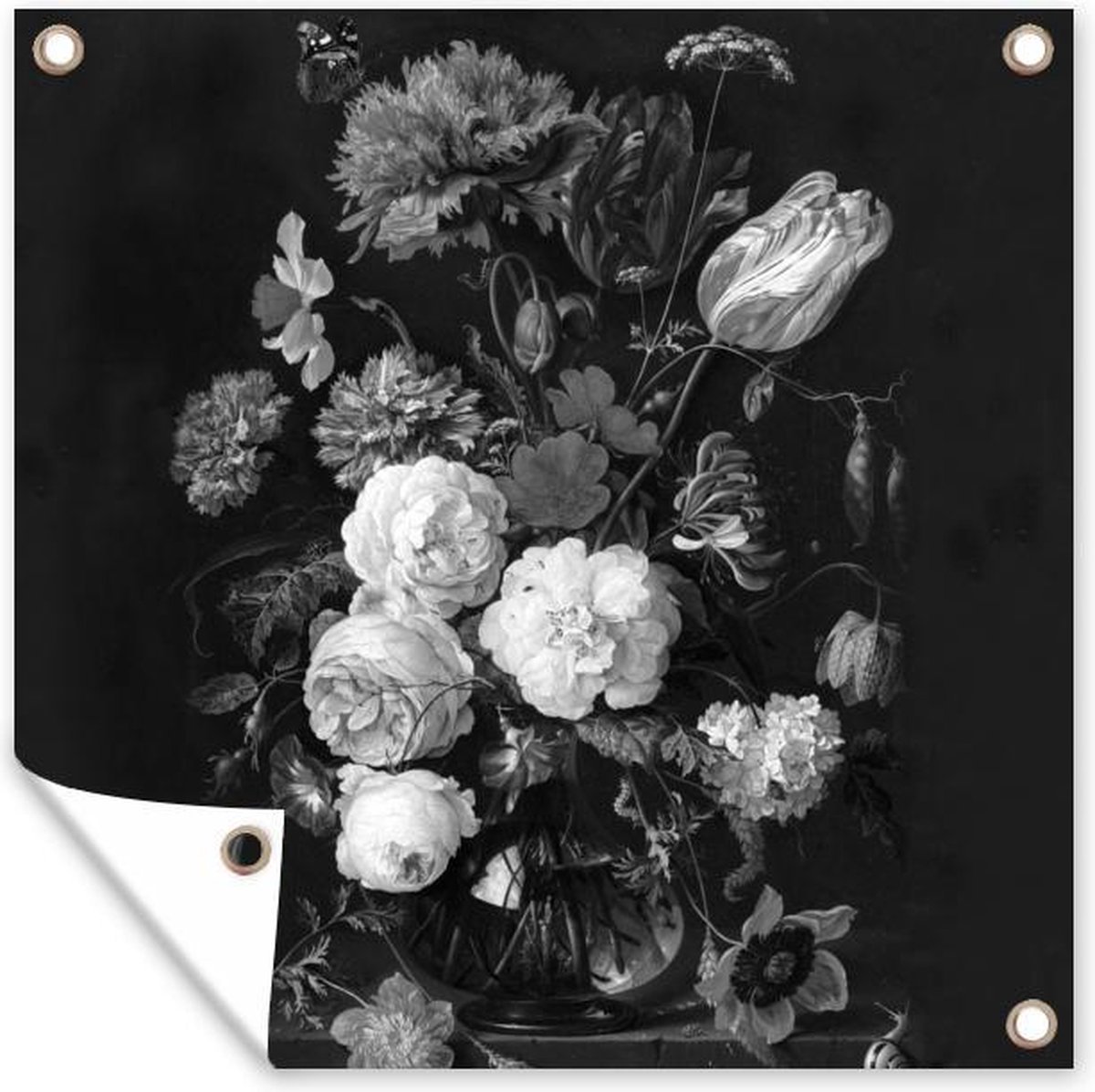 Tuin poster Stilleven met bloemen in een glazen vaas - Schilderij van Jan Davidsz. de Heem - zwart wit - 200x200 cm - Tuindoek - Buitenposter