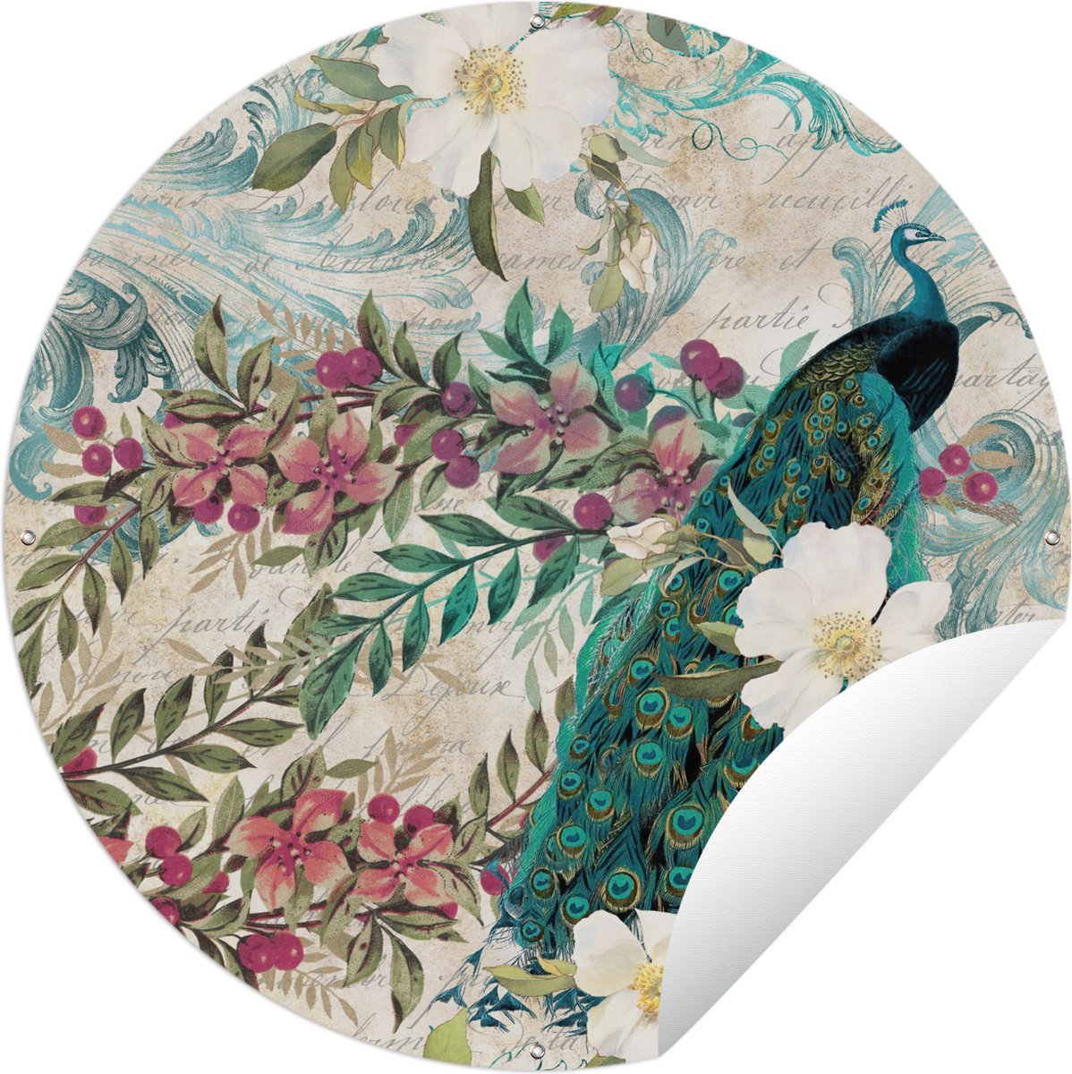 Tuincirkel Bloemen - Kunst - Pauw - 150x150 cm - Ronde Tuinposter - Buiten