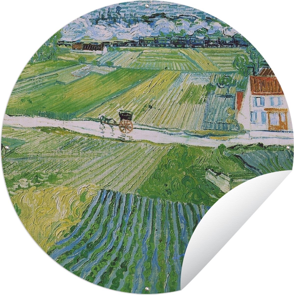 Tuincirkel Landschap met koets en trein - Vincent van Gogh - 150x150 cm - Ronde Tuinposter - Buiten