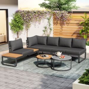 Tuinmeubelset (4-5 zitplaatsen), 2 stapelbare salontafels, gegalvaniseerd ijzeren frame, comfortabel tuinmeubilair, grijze zitkussens en kussens inbegrepen, met verstelbare poten