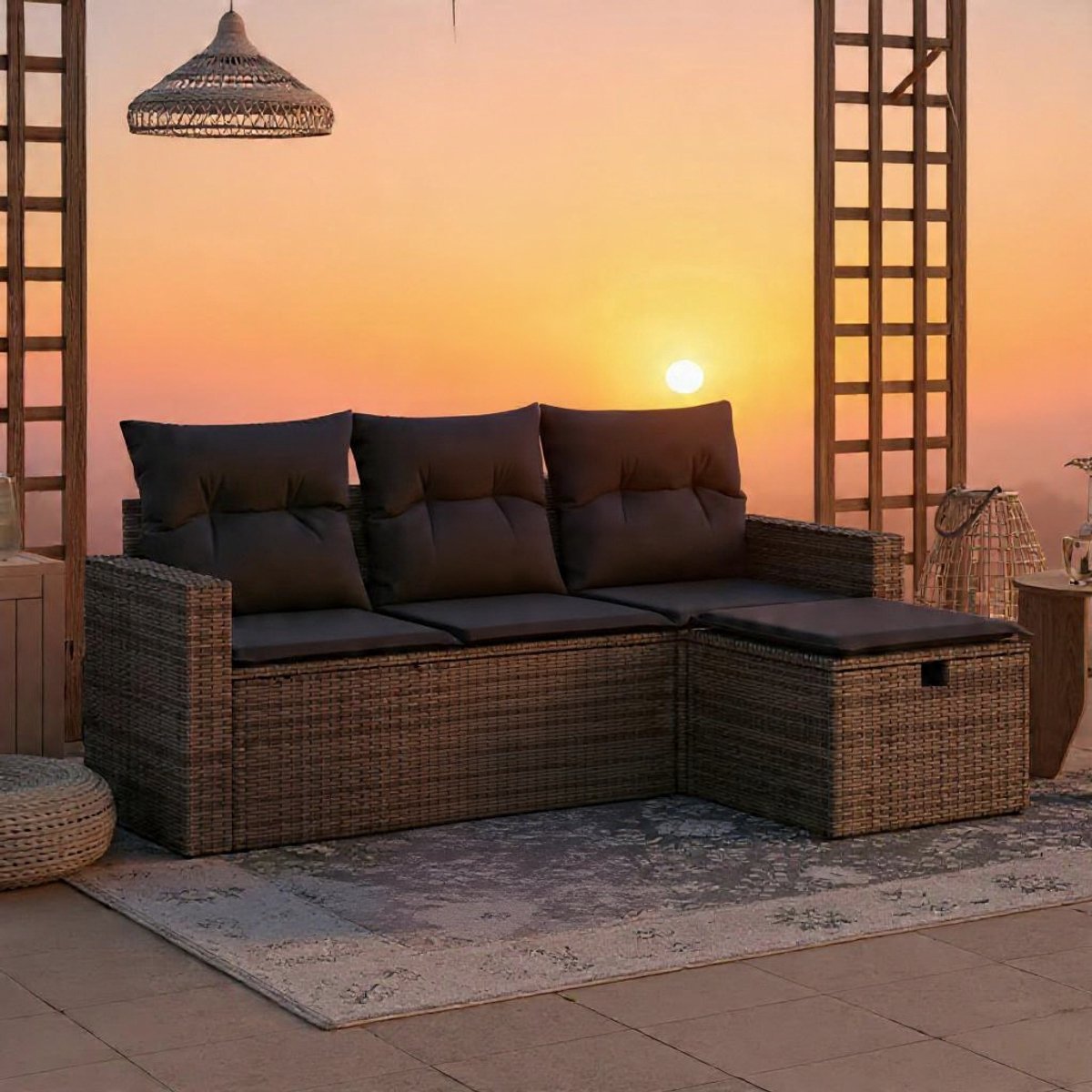 Tuinmeubelset 4-delig met kussens en opbergruimte 65,5 x 62 x 69 cm - Grijs Polyrotan Loungeset voor Tuin, Terras en Balkon - Weerbestendig en Onderhoudsvriendelijk - Inclusief Voetenbank - Bella