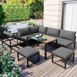 Tuinmeubelset 5 Personen Aluminium Lounge Set met Verstelbare Rugleuning, Inclusief Kussens en Salontafel - Modern Grijs Buitenmeubilair voor Tuin, Balkon en Terras - 5-delige Loungeset Laura