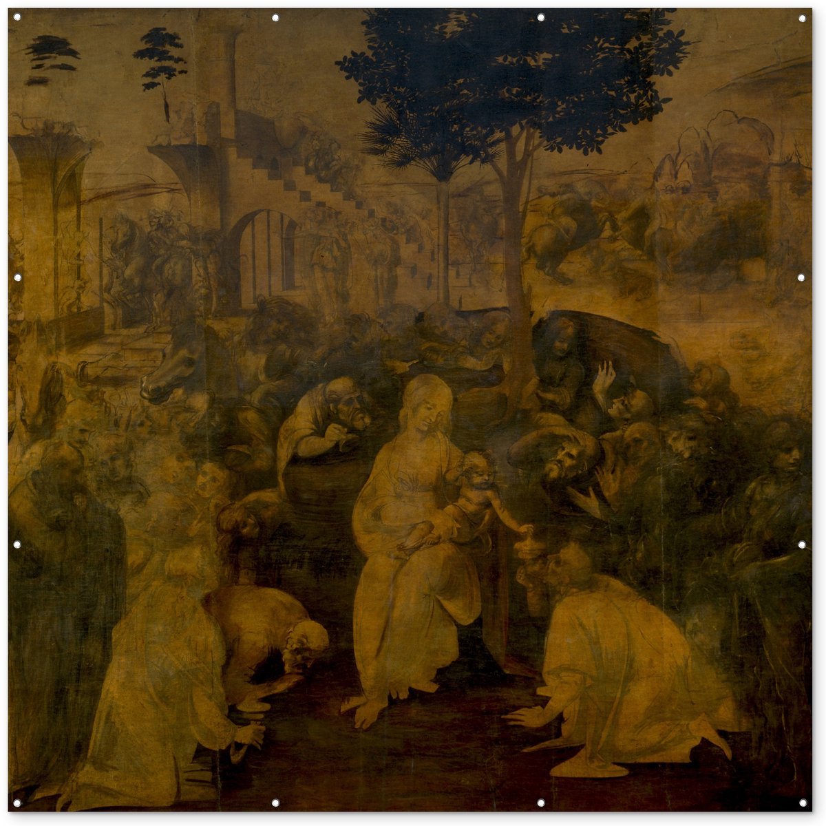 Tuinposter 200x200 cm - Tuindecoratie Aanbidding door de Wijzen - Leonardo da Vinci - Poster voor in de tuin - Buiten decoratie - Schutting tuinschilderij - Tuindoek muurdecoratie - Wanddecoratie balkondoek