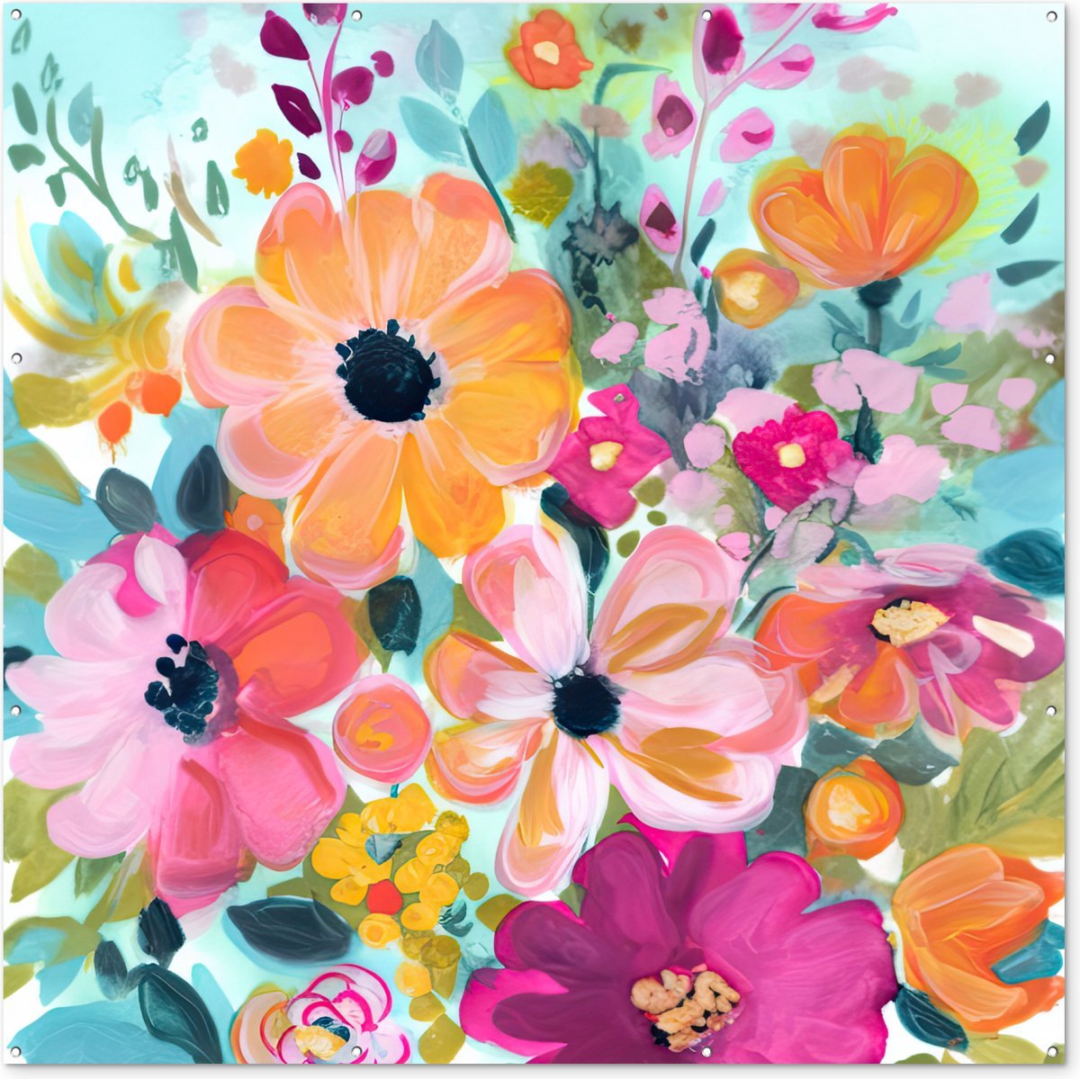 Tuinposter 200x200 cm - Tuindecoratie Bloemen - Schilderij - Natuur - Botanisch - Poster voor in de tuin - Buiten decoratie - Schutting tuinschilderij - Tuindoek muurdecoratie - Wanddecoratie balkondoek