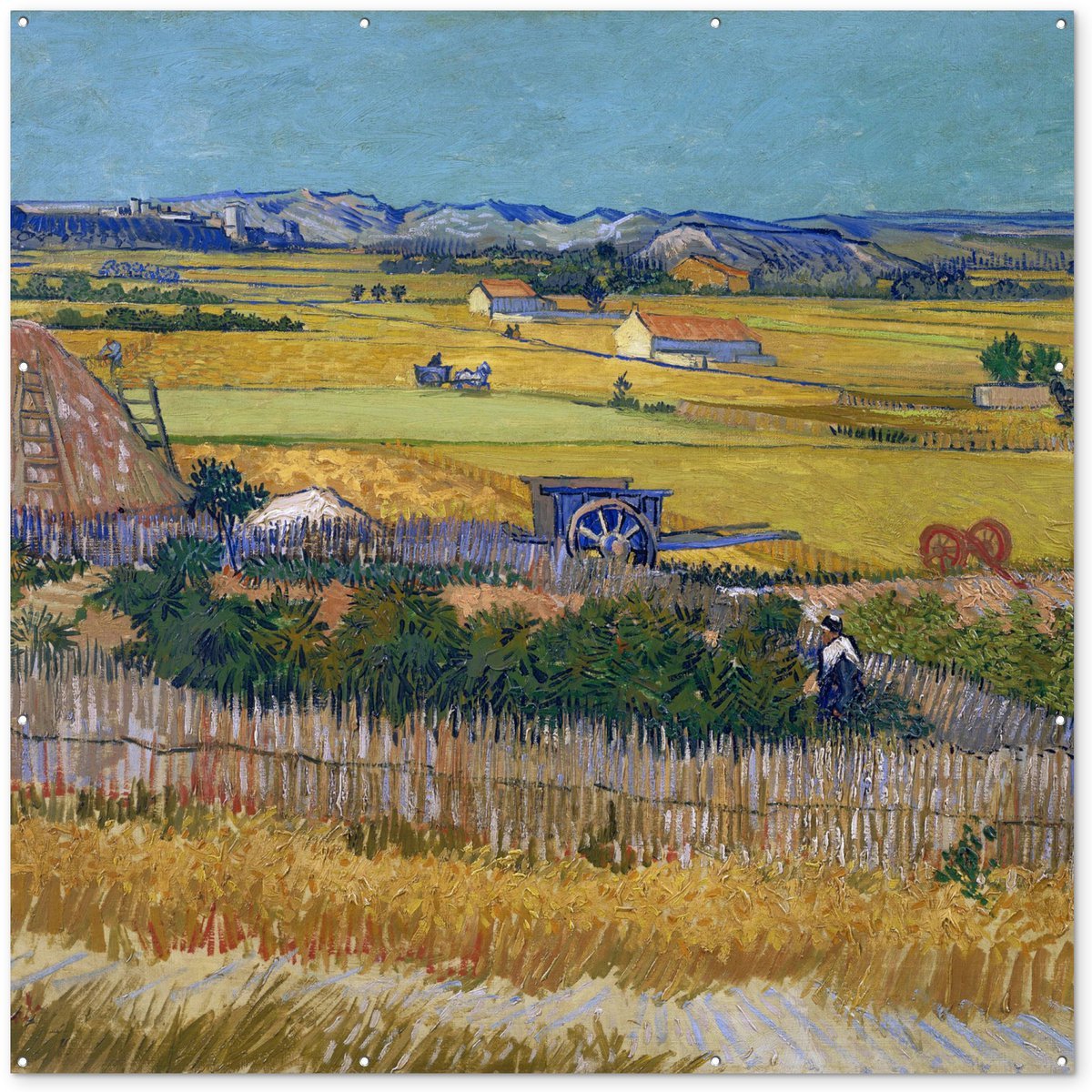 Tuinposter 200x200 cm - Tuindecoratie De oogst - Schilderij van Vincent van Gogh - Poster voor in de tuin - Buiten decoratie - Schutting tuinschilderij - Tuindoek muurdecoratie - Wanddecoratie balkondoek