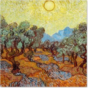 Tuinposter 200x200 cm - Tuindecoratie Olijfbomen met gele hemel en zon - Vincent van Gogh - Poster voor in de tuin - Buiten decoratie - Schutting tuinschilderij - Tuindoek muurdecoratie - Wanddecoratie balkondoek