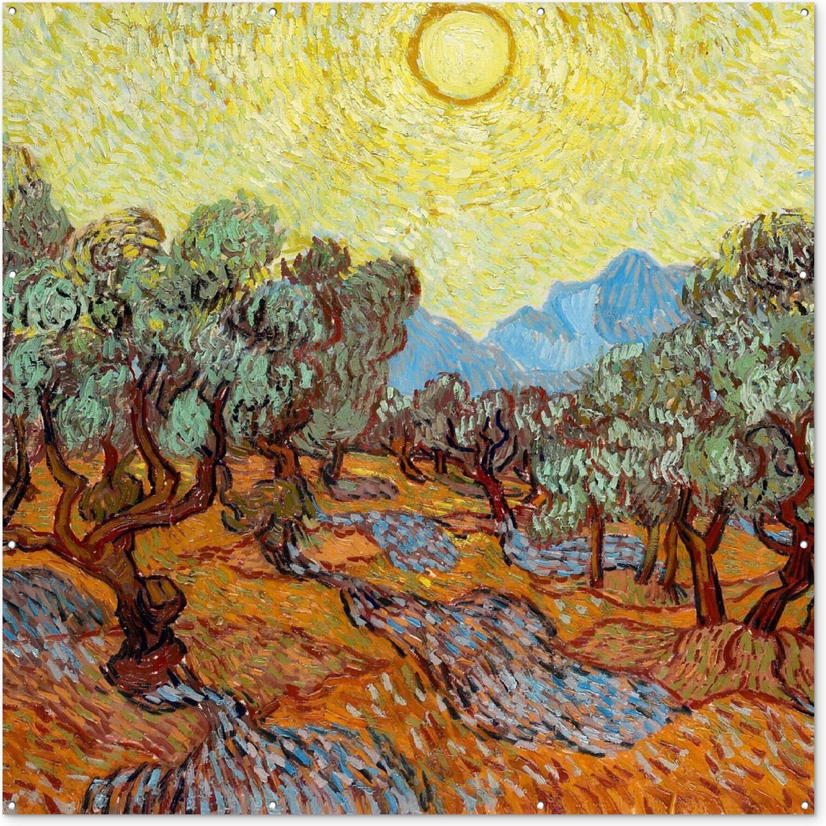 Tuinposter 200x200 cm - Tuindecoratie Olijfbomen met gele hemel en zon - Vincent van Gogh - Poster voor in de tuin - Buiten decoratie - Schutting tuinschilderij - Tuindoek muurdecoratie - Wanddecoratie balkondoek