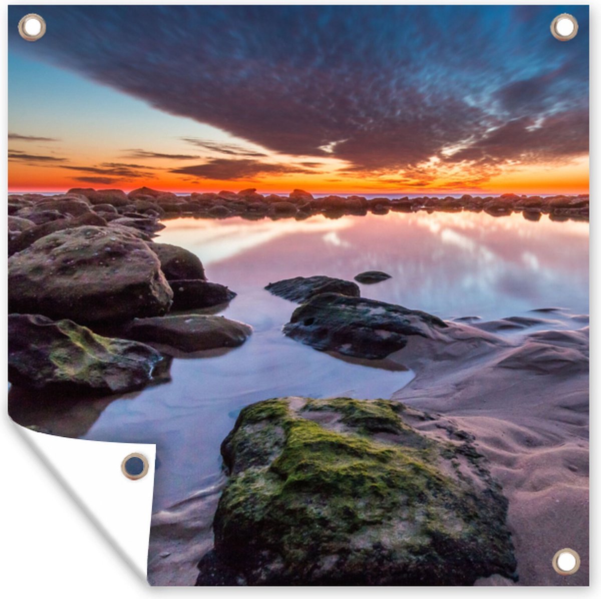 Tuinposter - Schuttingposter - Tuin - Water - Stenen - Zee - Lucht - Strand - Tuindecoratie - 200x200 cm - Tuindoek - Buitenposter