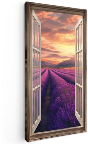 Tuinschilderij voor buiten 100x200 cm - Tuindecoratie Doorkijk - Lavendel - Landschap - Bloemen - Paars - Tuinposter op canvas - Tuin muurdecoratie - Buitenschilderij decoratie - Schutting wanddecoratie - Buitencanvas