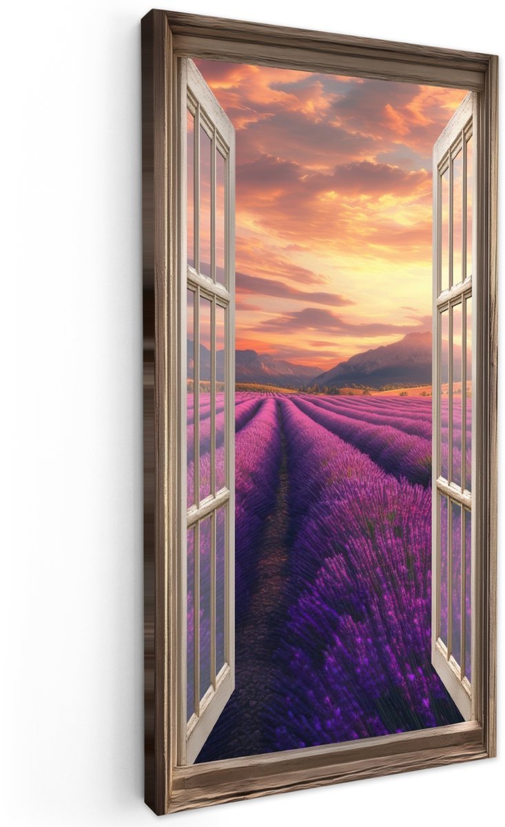 Tuinschilderij voor buiten 100x200 cm - Tuindecoratie Doorkijk - Lavendel - Landschap - Bloemen - Paars - Tuinposter op canvas - Tuin muurdecoratie - Buitenschilderij decoratie - Schutting wanddecoratie - Buitencanvas