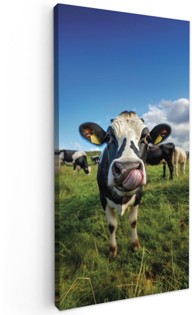 Tuinschilderij voor buiten 100x200 cm - Tuindecoratie Koe - Tong - Weide - Tuinposter op canvas - Tuin muurdecoratie - Buitenschilderij decoratie - Schutting wanddecoratie - Buitencanvas