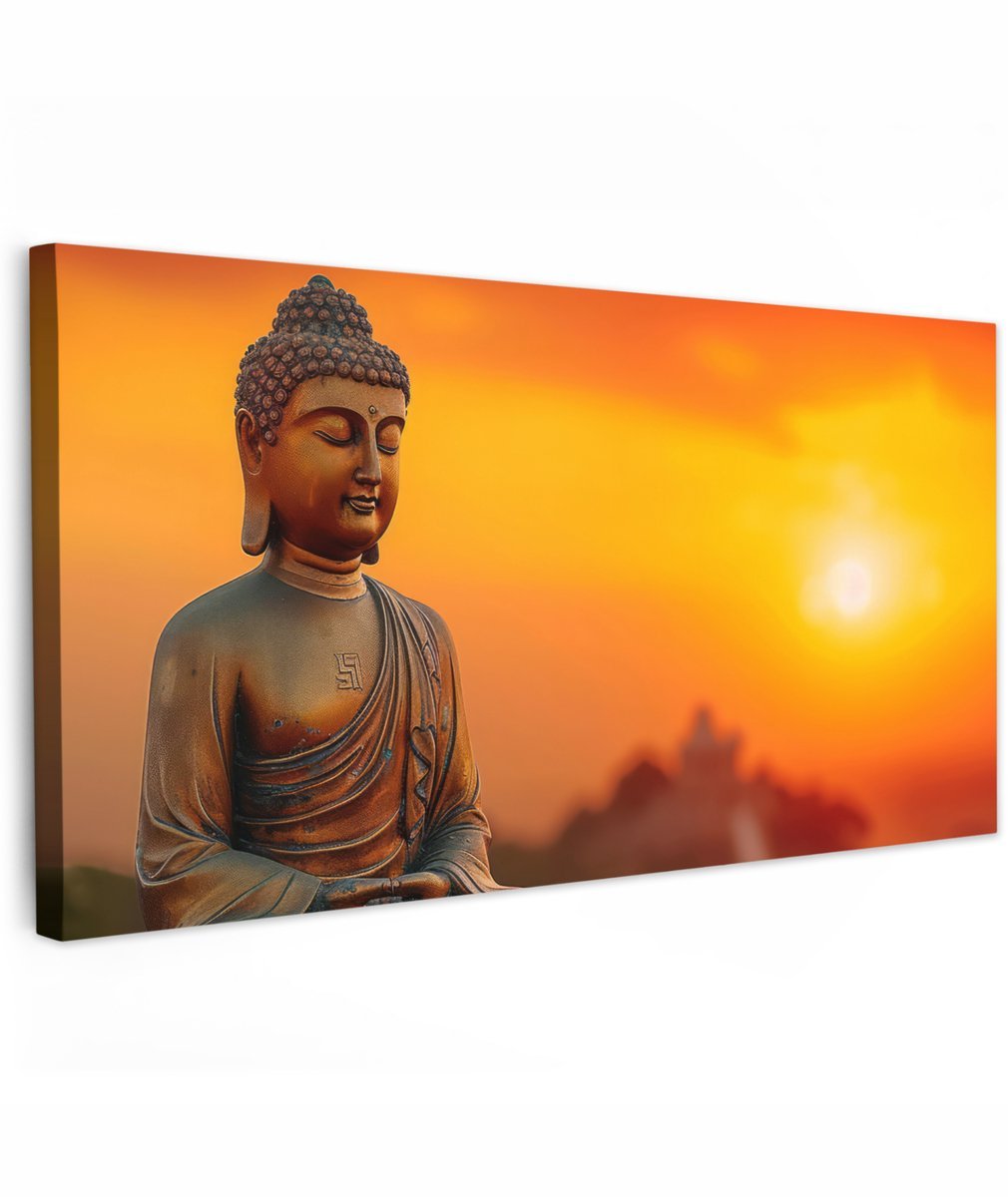 Tuinschilderij voor buiten 200x100 cm - Tuindecoratie Boeddha - Beeld - Zonsondergang - Buddha - Zen - Japan - Tuinposter op canvas - Tuin muurdecoratie - Buitenschilderij decoratie - Schutting wanddecoratie - Buitencanvas