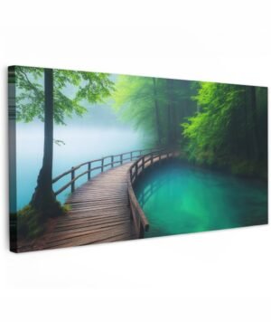 Tuinschilderij voor buiten 200x100 cm - Tuindecoratie Brug - Water - Rivier - Bos - Tuinposter op canvas - Tuin muurdecoratie - Buitenschilderij decoratie - Schutting wanddecoratie - Buitencanvas