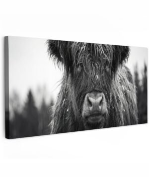 Tuinschilderij voor buiten 200x100 cm - Tuindecoratie Schotse hooglander - Zwart - Wit - Sneeuwvlokken - Tuinposter op canvas - Tuin muurdecoratie - Buitenschilderij decoratie - Schutting wanddecoratie - Buitencanvas