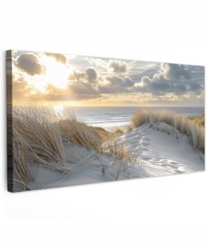 Tuinschilderij voor buiten 200x100 cm - Tuindecoratie Zonsondergang - Duinen - Planten - Natuur - Strand - Tuinposter op canvas - Tuin muurdecoratie - Buitenschilderij decoratie - Schutting wanddecoratie - Buitencanvas
