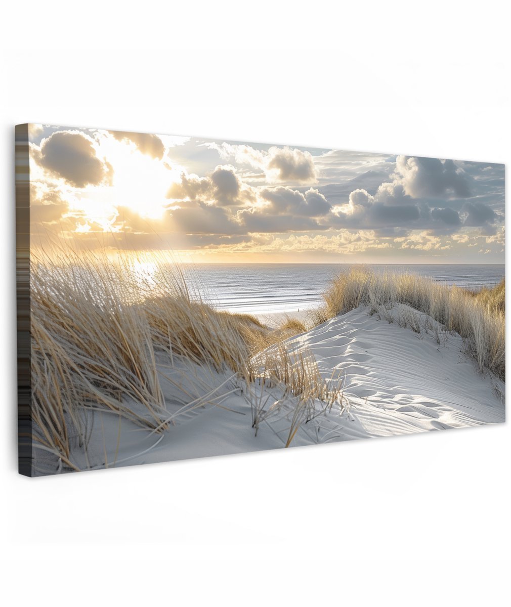 Tuinschilderij voor buiten 200x100 cm - Tuindecoratie Zonsondergang - Duinen - Planten - Natuur - Strand - Tuinposter op canvas - Tuin muurdecoratie - Buitenschilderij decoratie - Schutting wanddecoratie - Buitencanvas