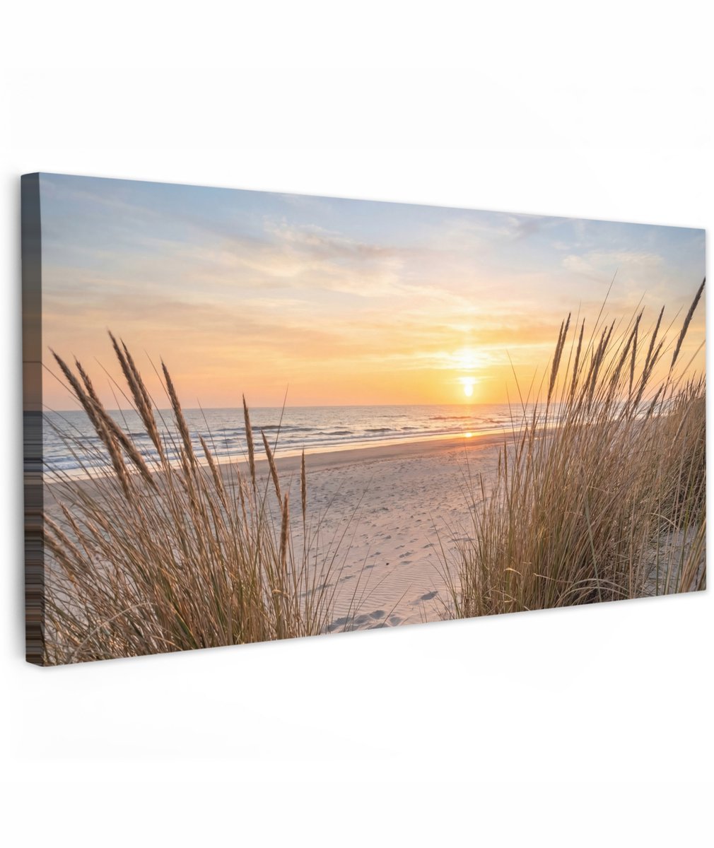 Tuinschilderij voor buiten 200x100 cm - Tuindecoratie Zonsondergang - Duinen - Zee - Tuinposter op canvas - Tuin muurdecoratie - Buitenschilderij decoratie - Schutting wanddecoratie - Buitencanvas