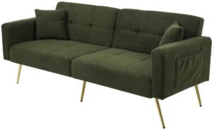 Tweepersoonsbank verstelbare rugleuning en zijopbergvak verstelbaar tot bed hoge-dichtheid schuimkussens gouden poten modern minimalistisch stijlvol geschikt voor woonkamer en slaapkamer 175x64x72 cm groen