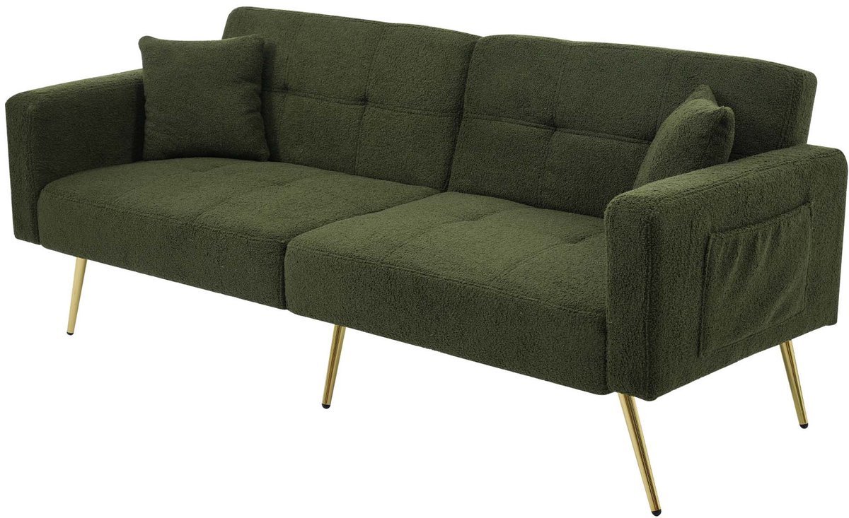 Tweepersoonsbank verstelbare rugleuning en zijopbergvak verstelbaar tot bed hoge-dichtheid schuimkussens gouden poten modern minimalistisch stijlvol geschikt voor woonkamer en slaapkamer 175x64x72 cm groen