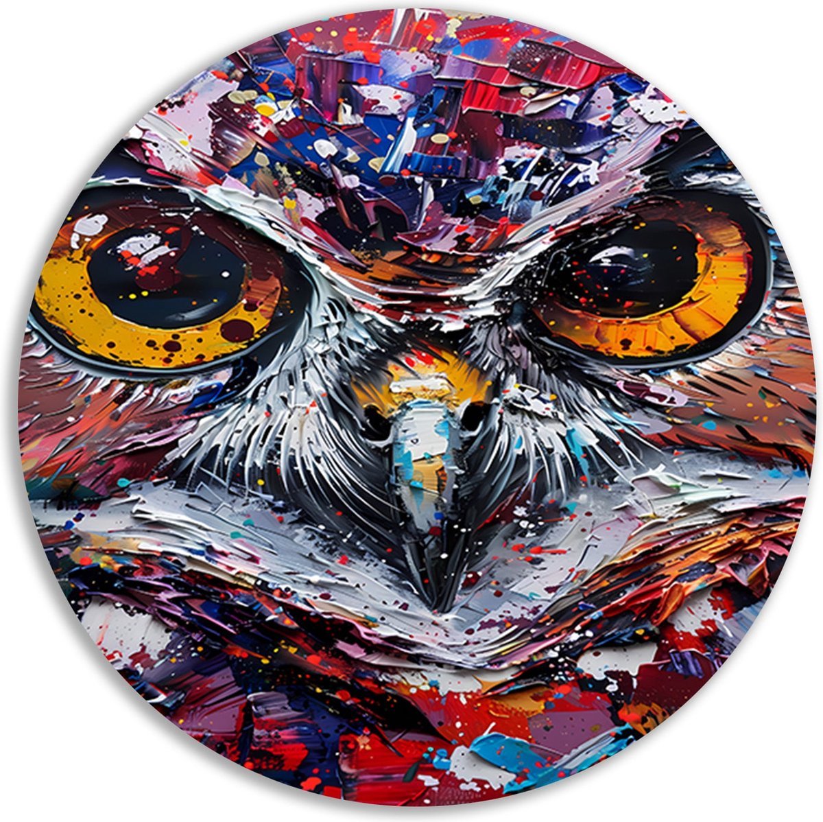 Uil muurcirkels - Dier schilderij rond - Muurdecoratie rond Verf - Wanddecoratie klassiek - Schilderij - Kantoor decoratie muurcirkel aluminium 90x90 cm