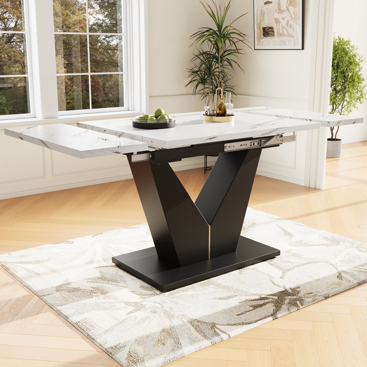 Uitschuifbare eettafel 99-159x75cm - keukentafel - ruim tafelblad - voor thuiswerken en woonkamer - wit tafelblad met V-vormig ontwerp