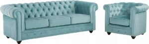 Vente-unique Driezitsbank en fauteuil CHESTERFIELD - velours - pastelblauw