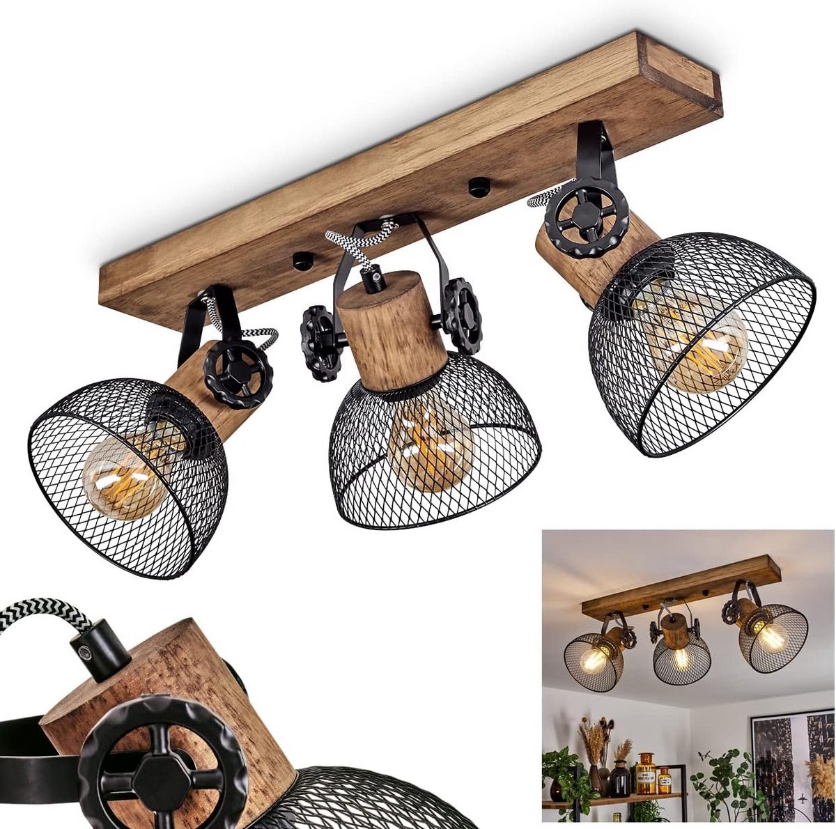 Vintage plafondlamp met houten liggers en verstellbare spotjes - industriële design voor binnen