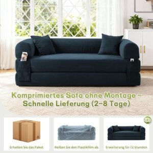 Vloerbank met Slaapfunctie 210 x 75 x 60 cm - 3-Zits Modulaire Uitklapbare Slaapbank met 2 Kussens, Boneless Design, Fluweel Donkerblauw - 8025 - Abkantoor