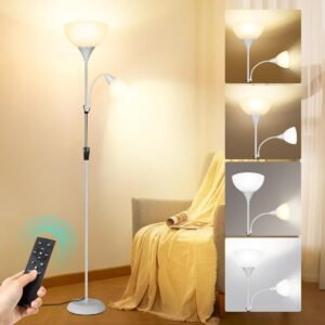Vloerlamp met Leeslamp - Dimbare LED Plafondspot - 3 Kleurtinten - Timerfunctie van 1 Uur - Inclusief Afstandsbediening en 9W Lampen - Voor Woonkamer, Kantoor of Slaapkamer - Zilver - Energieklasse E